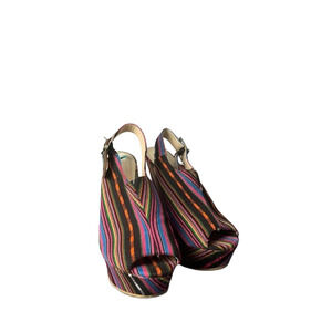 Multicolor Striped Open-Toe Wedge Sandals With Buckle Slingback For Women Size 8